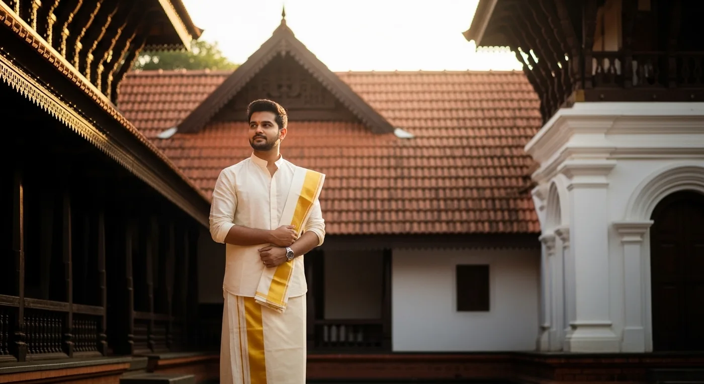 Kerala groom in traditional white mundu and gold-bordered jubba at wedding ceremony