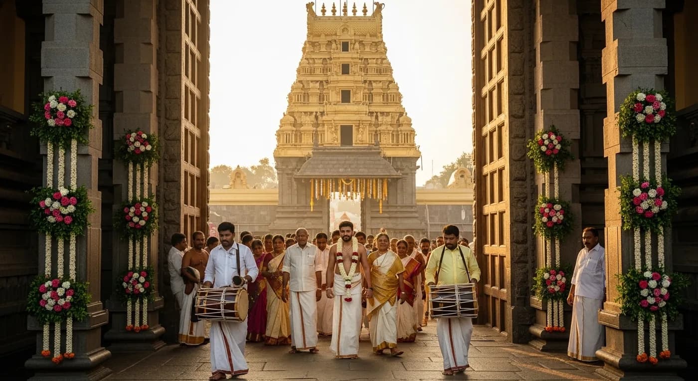 Guruvayur temple eastern entrance with wedding guests in traditional Kerala attire