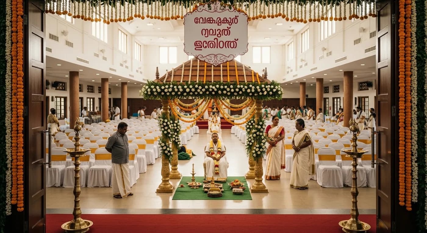 Decorated wedding reception hall near Guruvayur temple with traditional Kerala floral arrangements