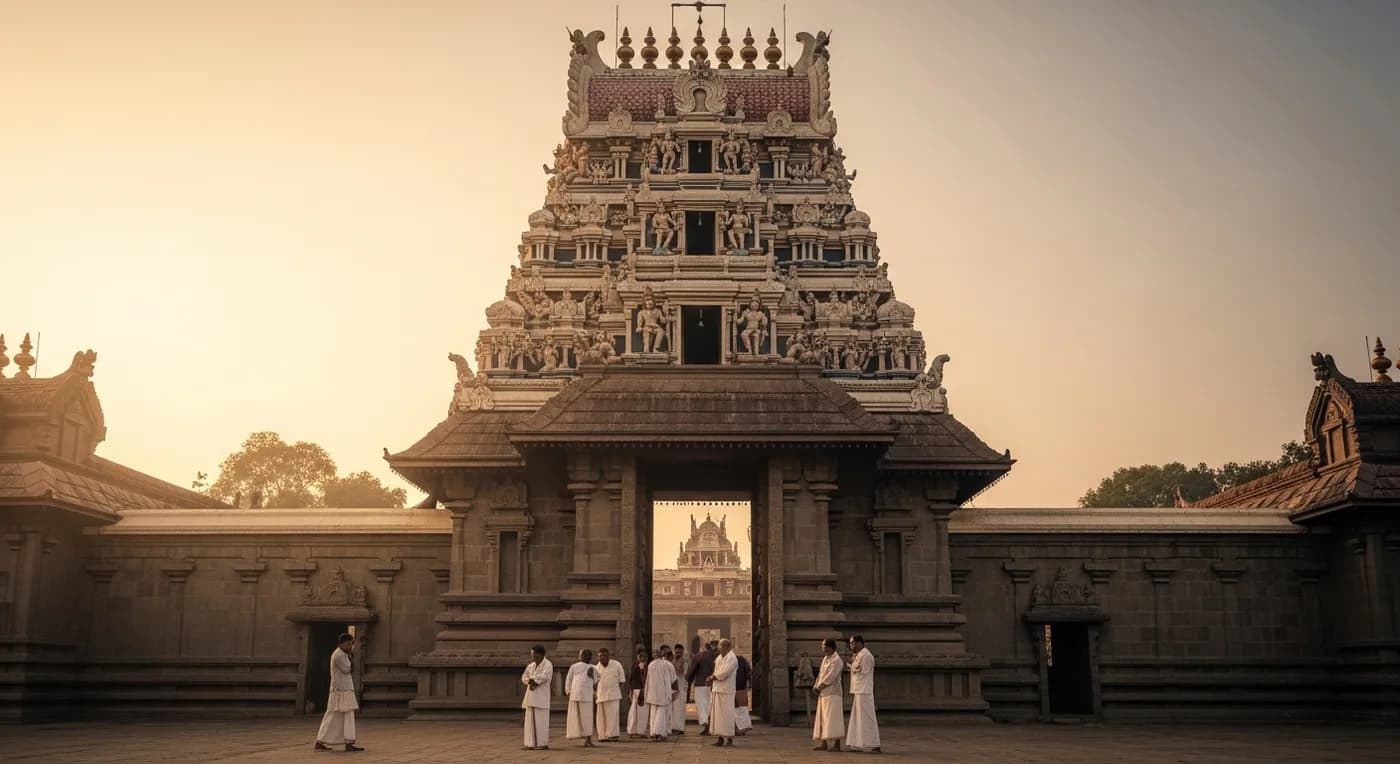 The iconic gold-topped eastern entrance of Guruvayur Sree Krishna Temple at dawn with wedding guests in traditional Kerala attire