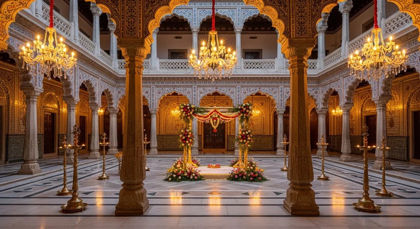 Grand Chettinad mansion courtyard set up for a heritage wedding