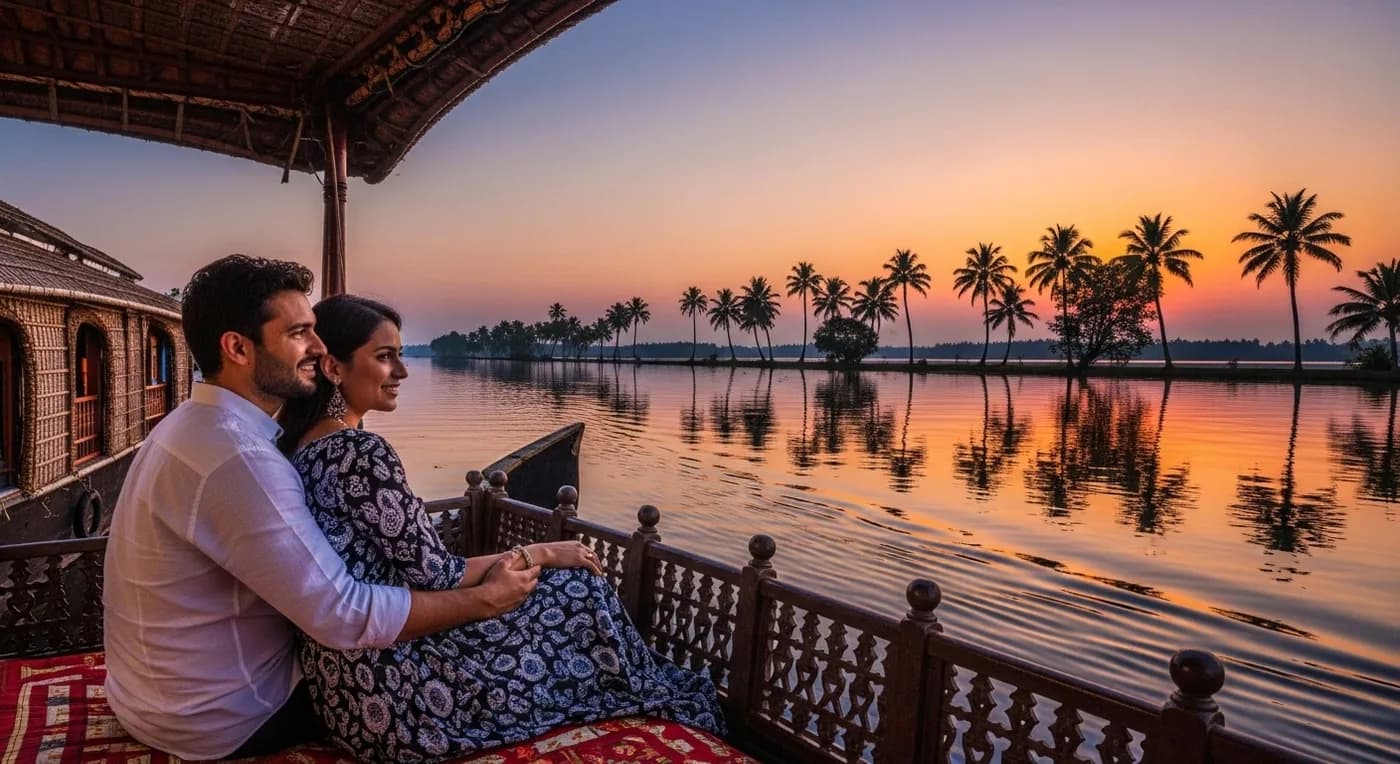 Couple on a houseboat in Kerala backwaters at sunset with palm trees and calm water