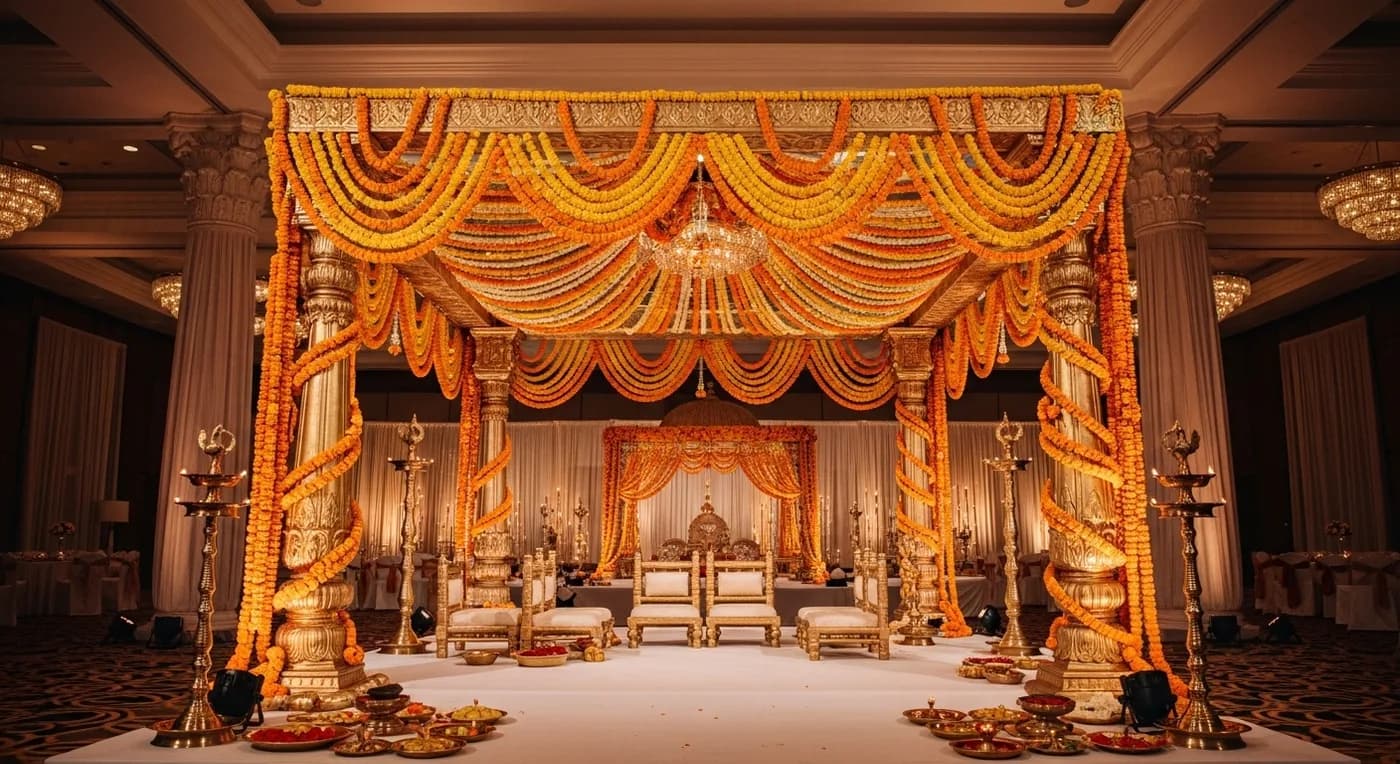 Beautifully decorated Indian wedding mandap with marigold garlands and brass lamps