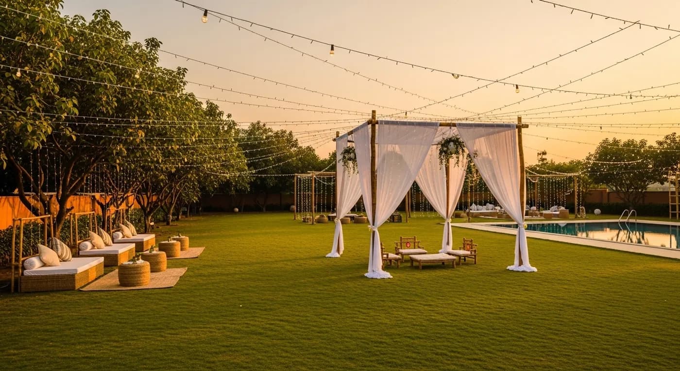 Outdoor farmhouse wedding venue near Hyderabad with string lights, lawn setup, and floral mandap