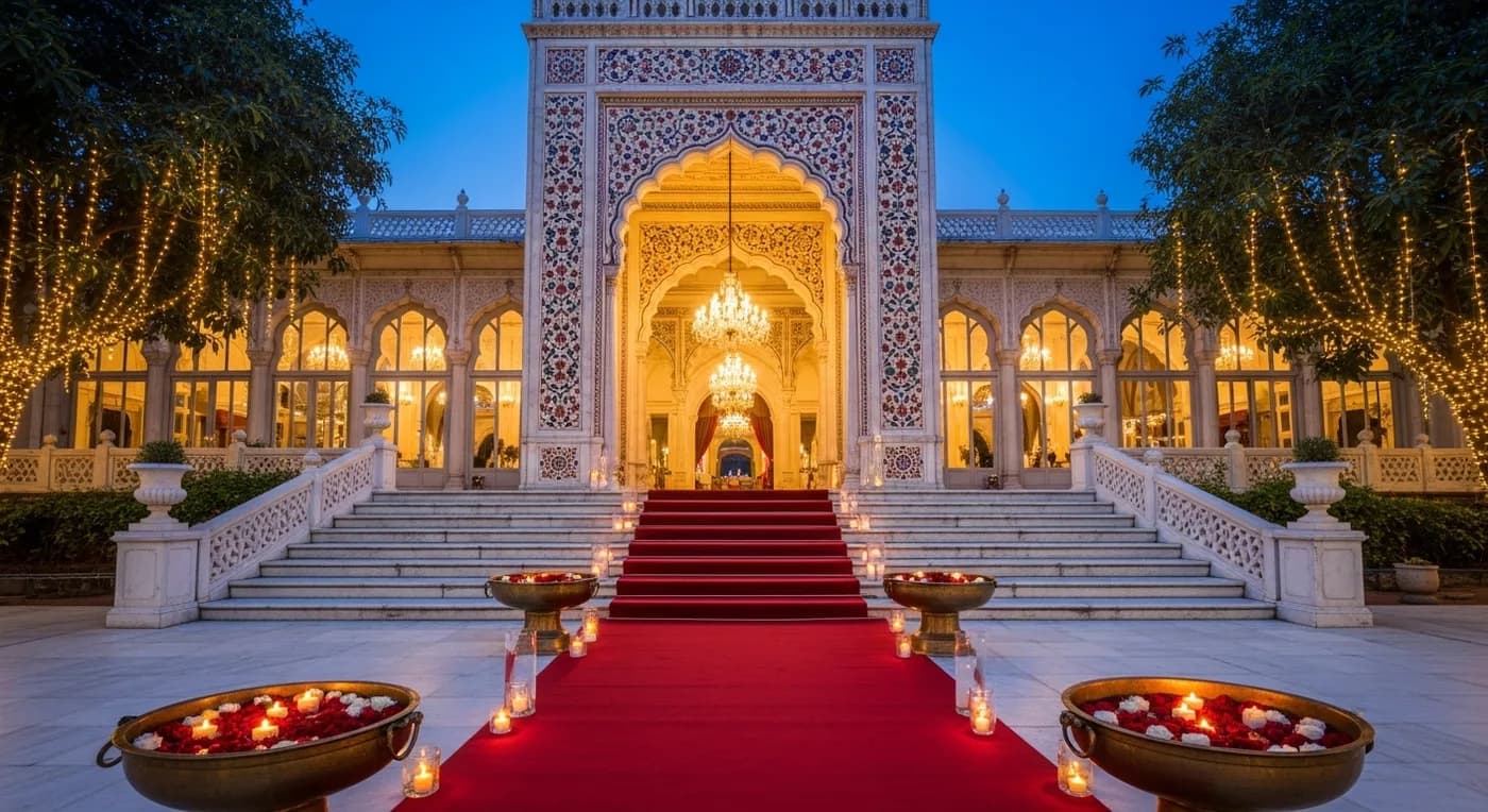 Elegant wedding setup at Taj Falaknuma Palace in Hyderabad with Nizami-era architecture and floral decorations
