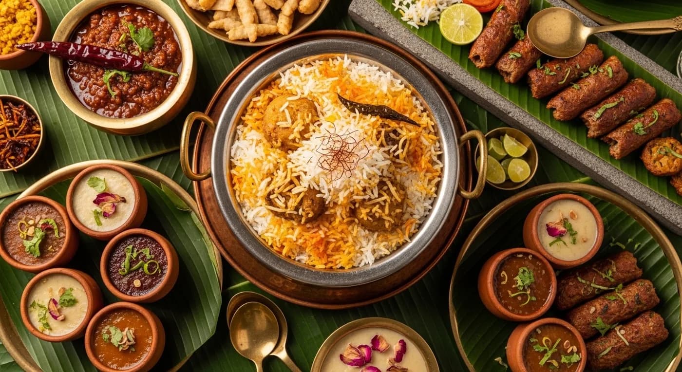 Hyderabadi Dum Biryani and traditional wedding feast spread at a Hyderabad wedding