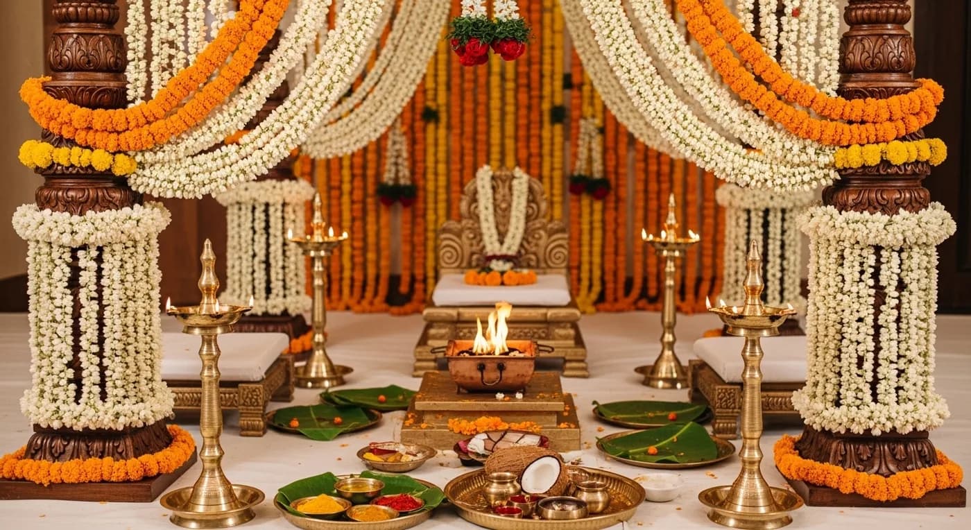 A Hyderabad wedding ceremony stage decorated with jasmine garlands and brass lamps for a Telugu Hindu ritual