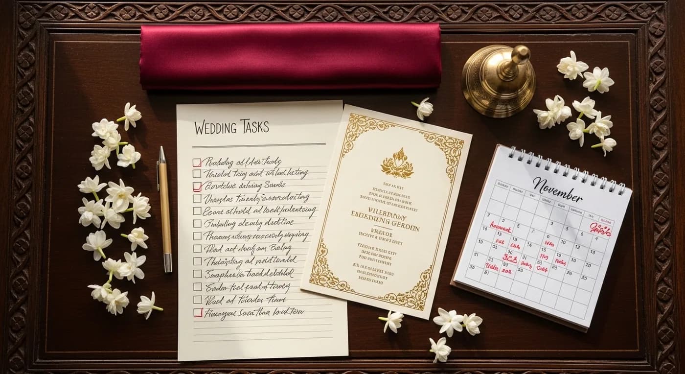 Hyderabad wedding planning checklist with traditional Telugu wedding elements and a calendar on a decorated table