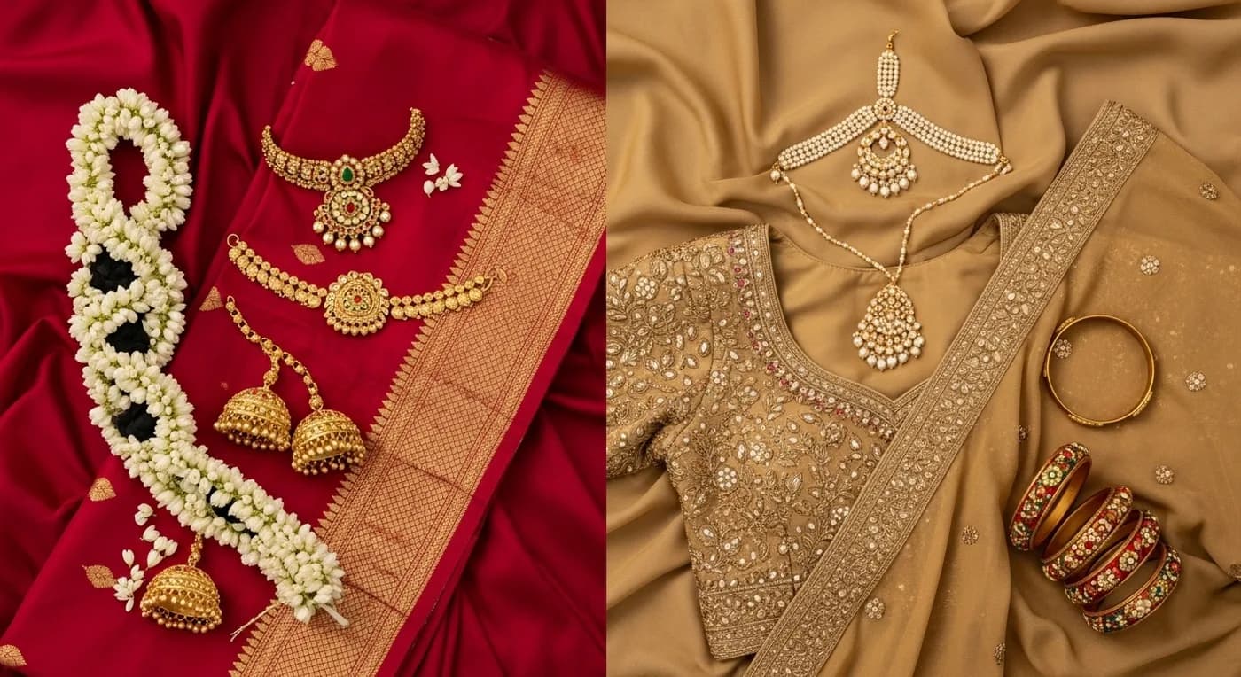 Traditional Hyderabad bridal attire with Pochampally silk sari and Khada Dupatta side by side