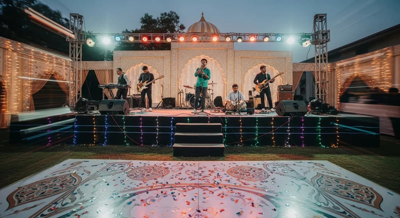 Live band performing at a Hyderabad wedding reception with colourful stage lighting and guests dancing