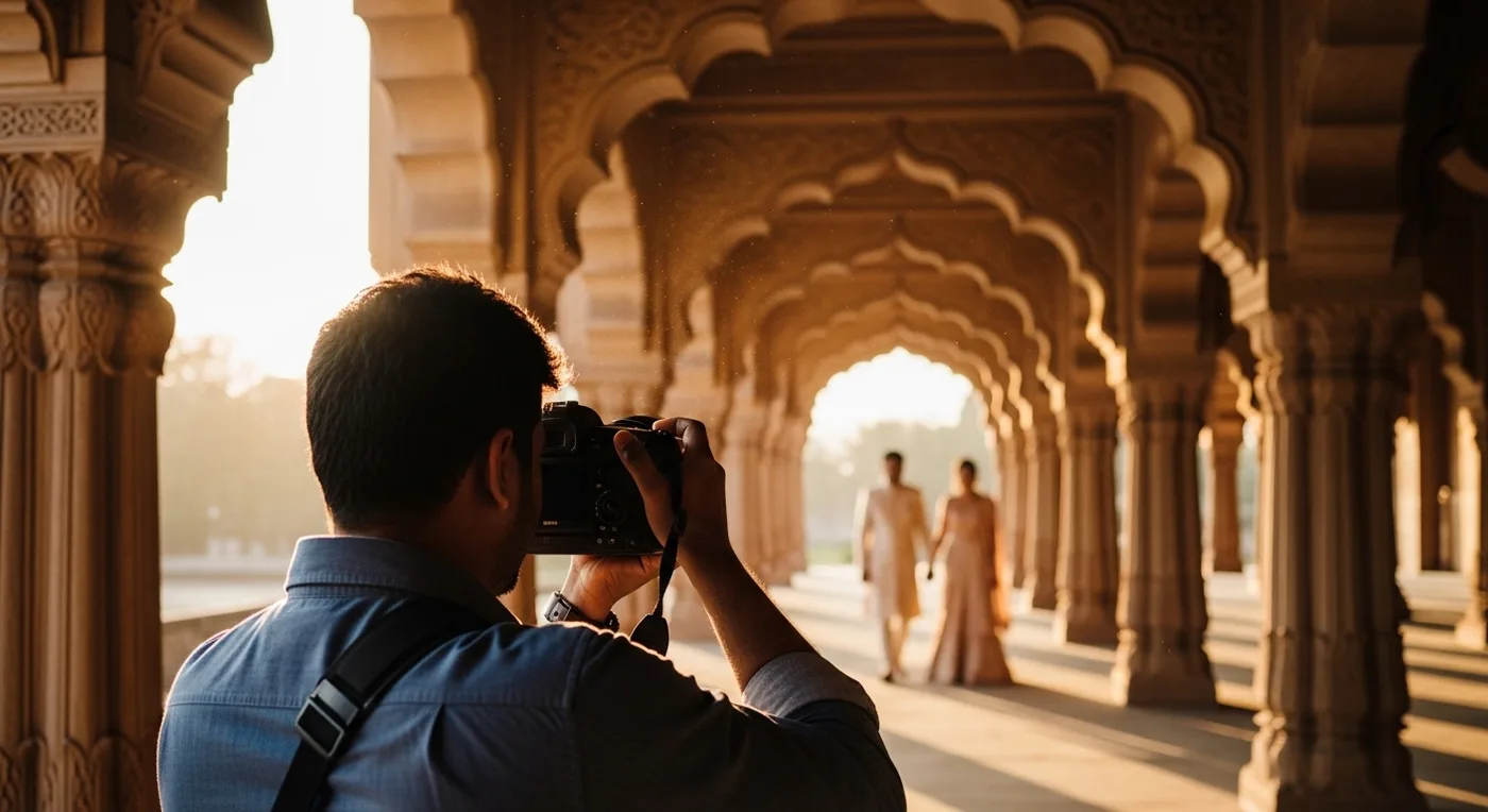 Candid wedding photographer capturing a couple at a Hyderabad heritage venue