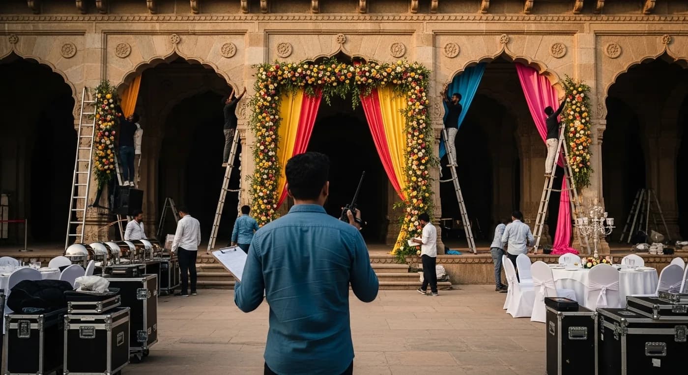 Wedding planner coordinating with vendors at a decorated Hyderabad heritage venue with floral mandap setup