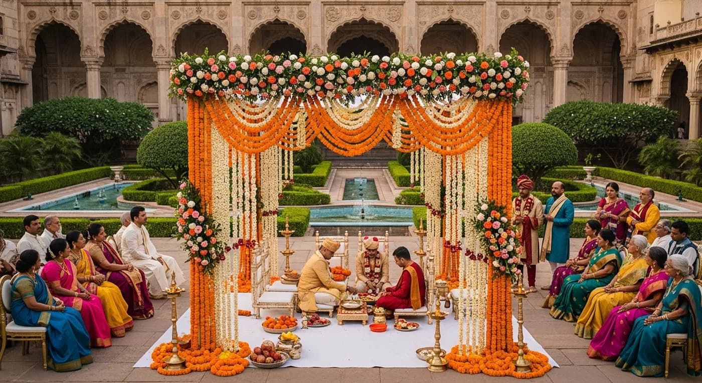 Grand Hyderabad wedding ceremony at a heritage palace venue with traditional Telugu floral mandap