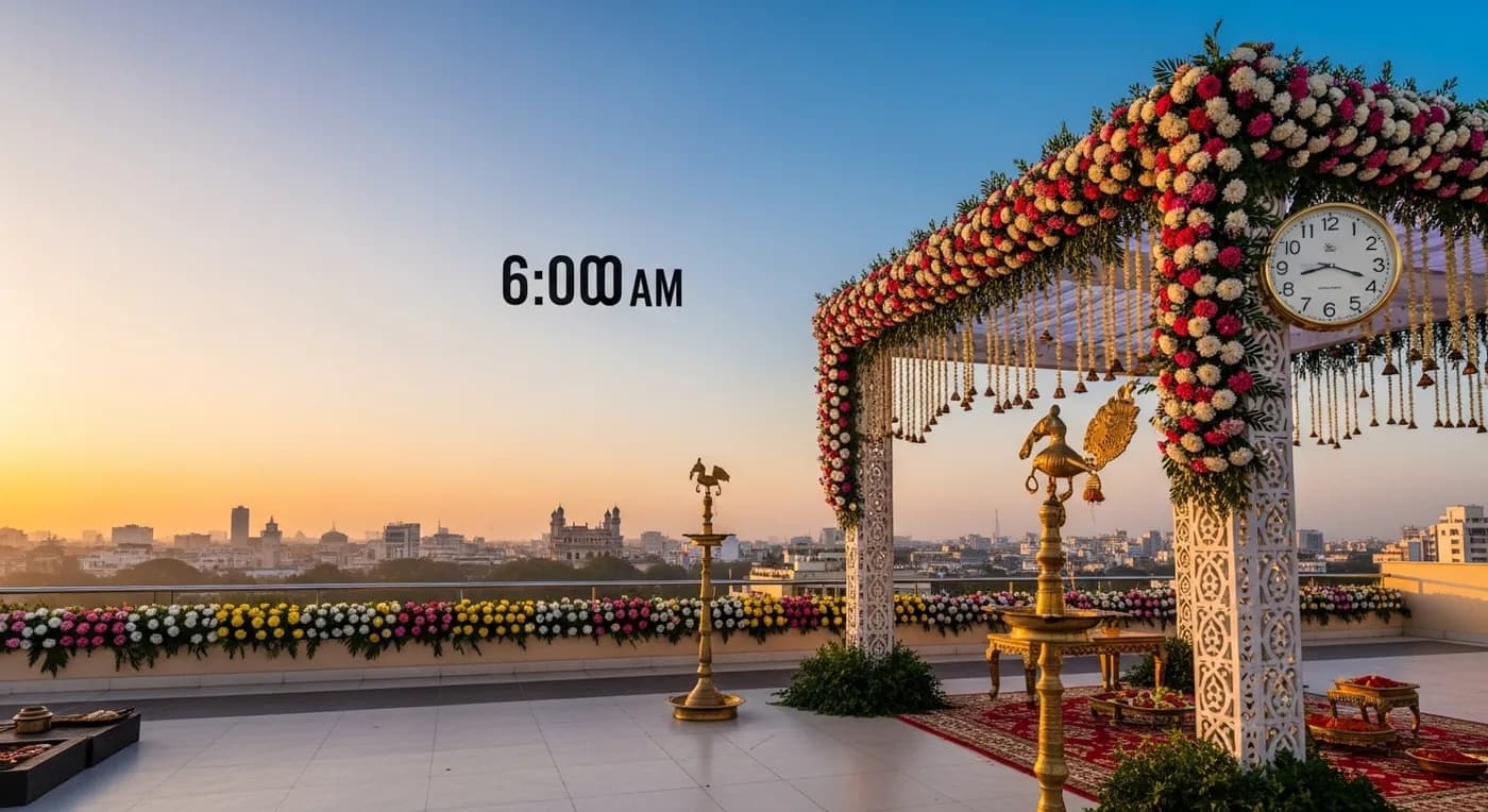A beautifully decorated Hyderabad wedding venue at golden hour with floral mandap and traditional Telugu ceremony elements ready for the day