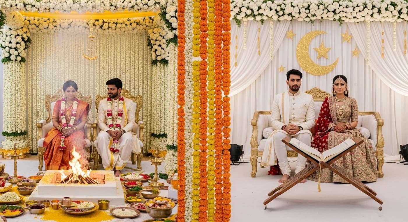 Traditional Hyderabad wedding decorations blending Telugu and Deccani Muslim cultural elements