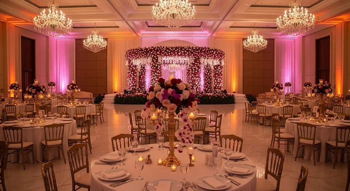 Elegantly decorated wedding venue hall in Hyderabad with floral mandap and warm lighting for a Telugu wedding ceremony