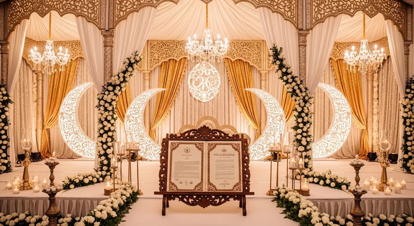 Traditional Hyderabadi Muslim Nikah ceremony with ornate Deccani decor and floral arrangements
