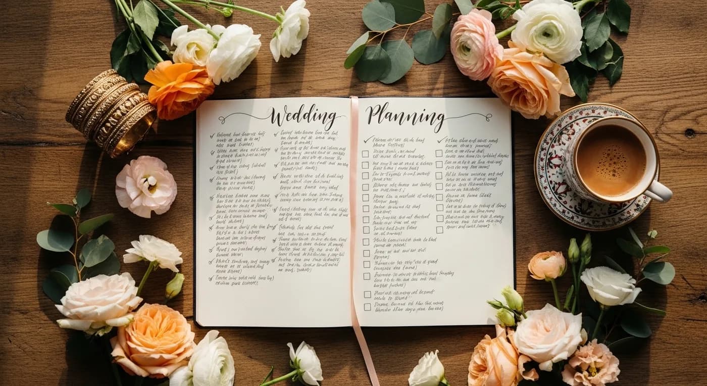 Indian wedding planning notebook with checklist and floral decorations on a wooden table