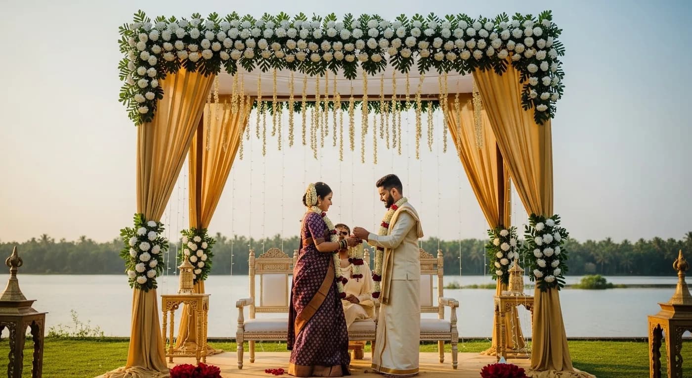 Kerala inter-faith wedding ceremony blending Hindu and Christian traditions at a decorated outdoor venue
