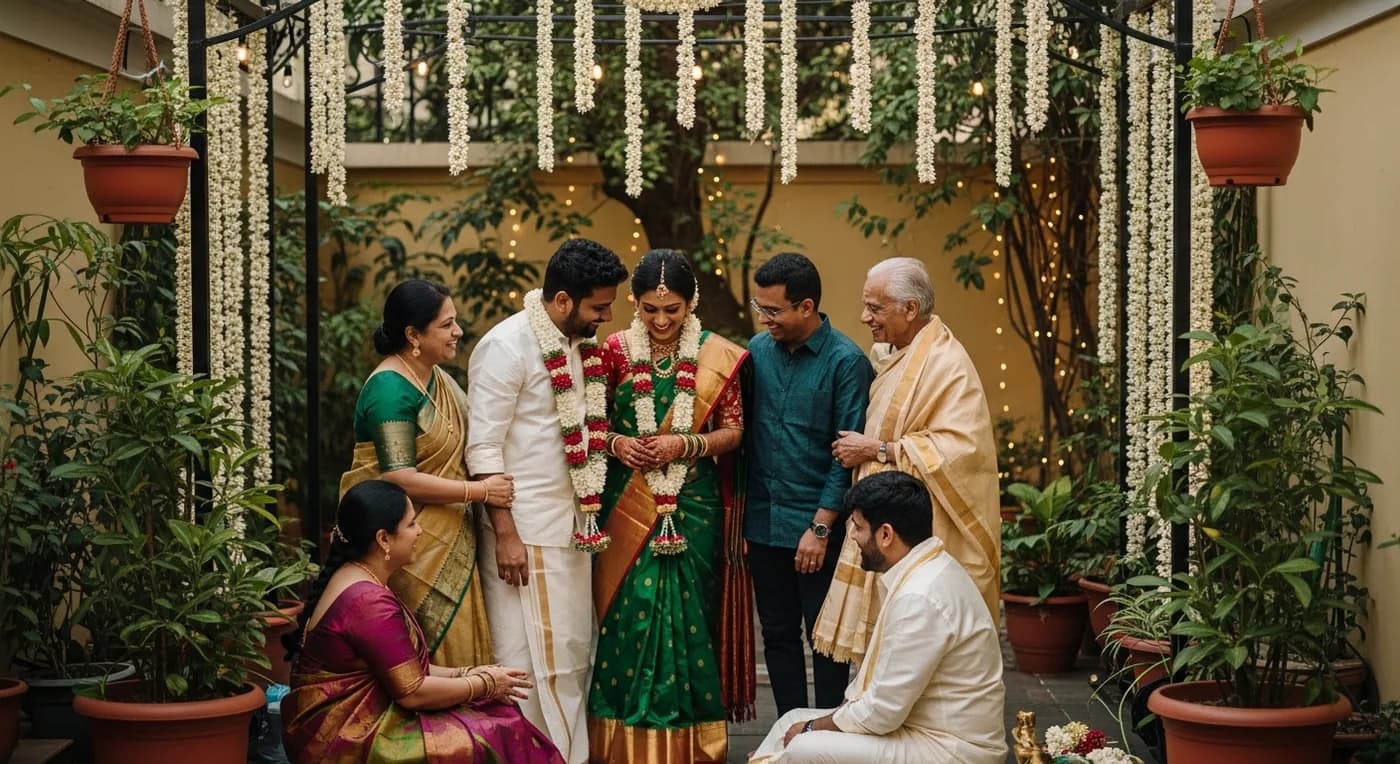 Intimate wedding celebration in Chennai with close family at a garden venue