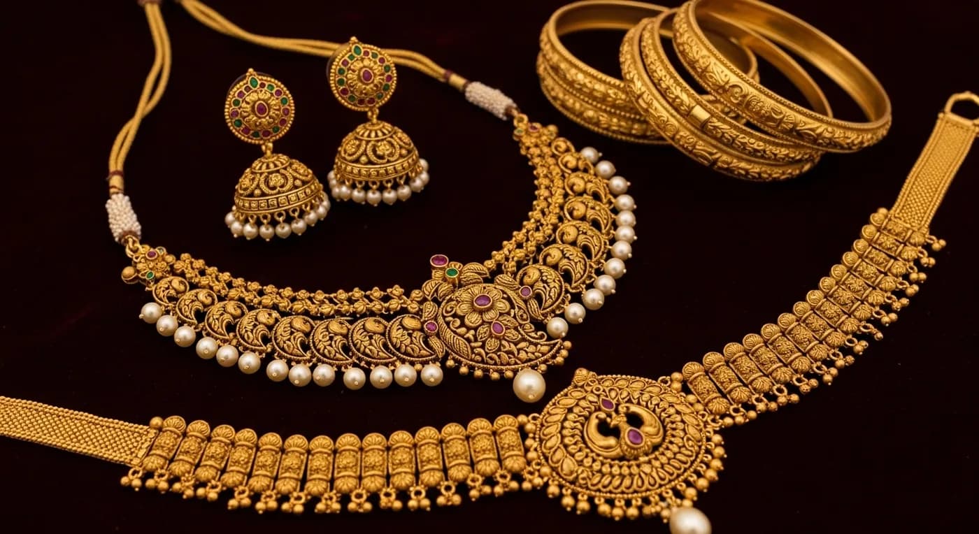 Traditional Kerala bridal gold jewellery set displayed on dark velvet