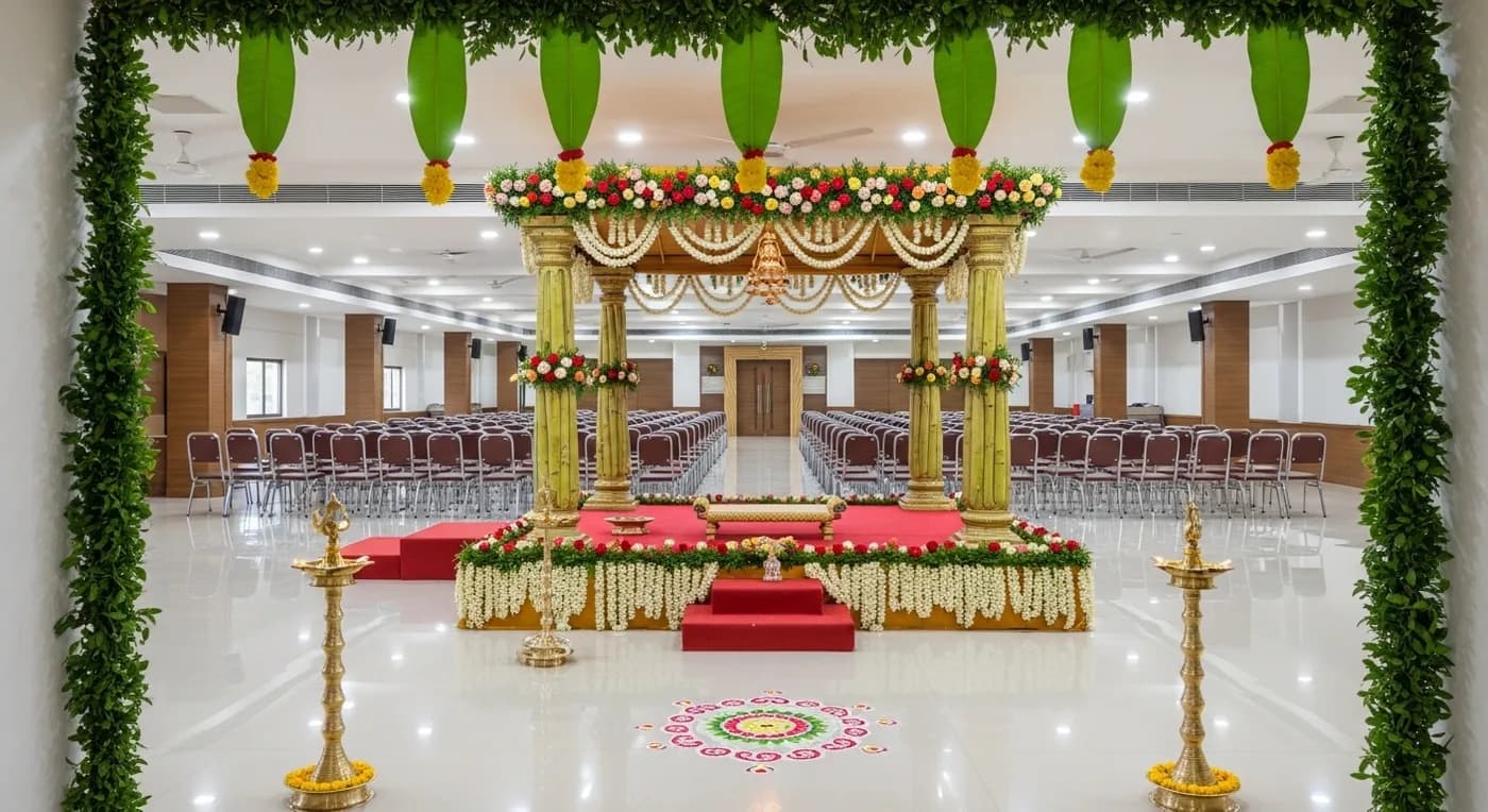 Interior of an AC kalyana mandapam in Chennai decorated for a wedding