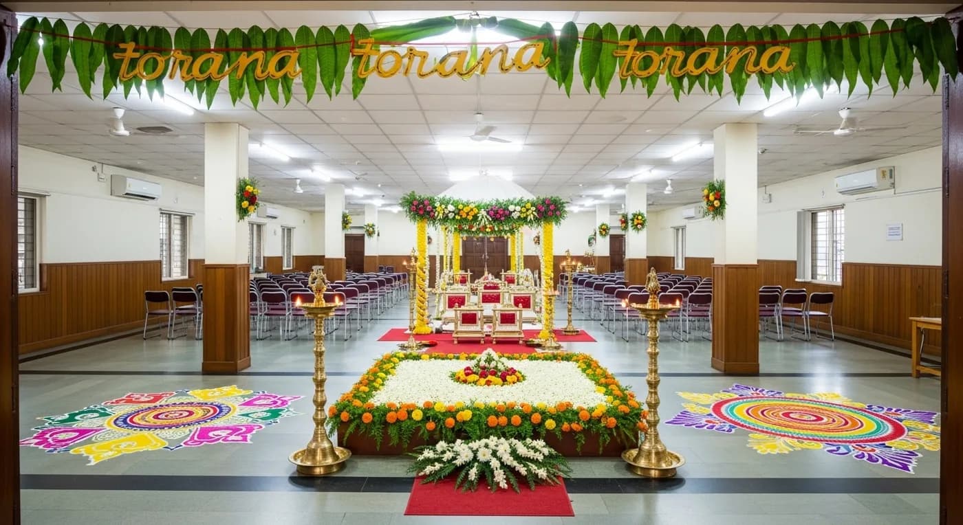 Interior of a decorated kalyana mantapa in Bangalore ready for a wedding
