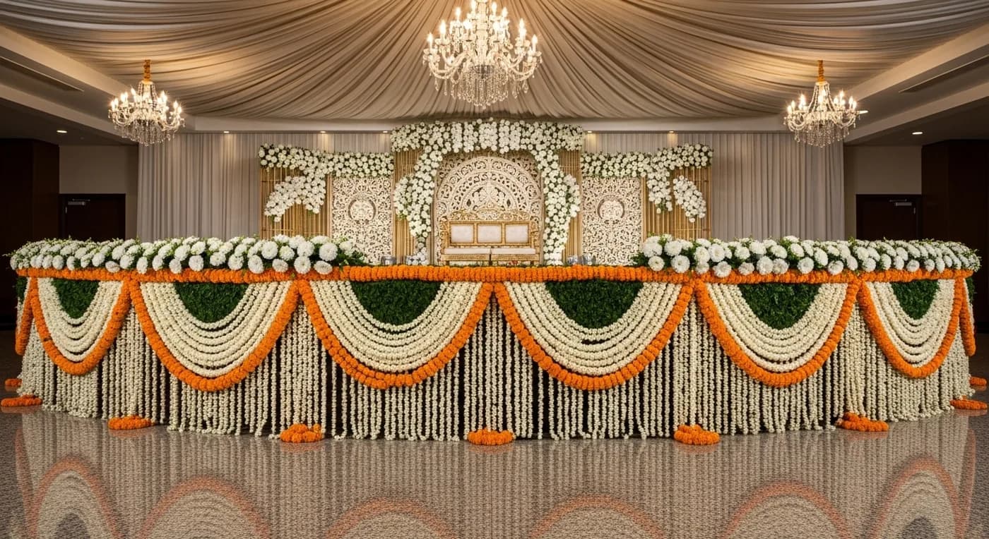 Beautifully decorated kalyana mandapam in Kanchipuram with floral mandap and traditional lighting