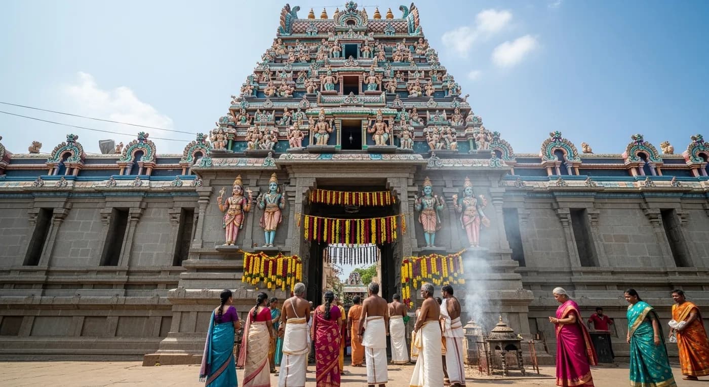 Kamakshi Amman Temple entrance with ornate gopuram and devotees