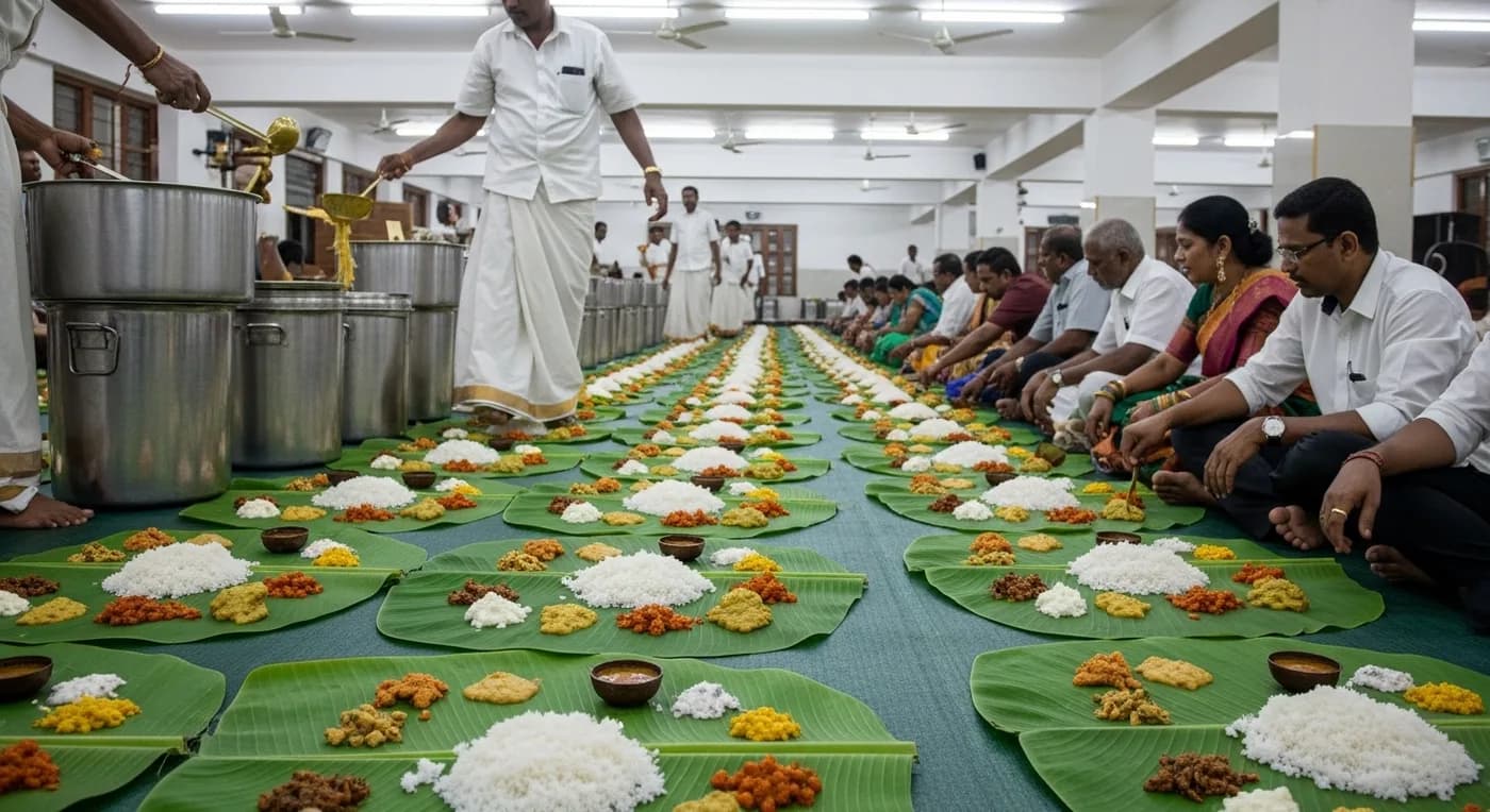Traditional Tamil wedding banana leaf feast setup at a Kanchipuram kalyana mandapam showing cost-effective celebration