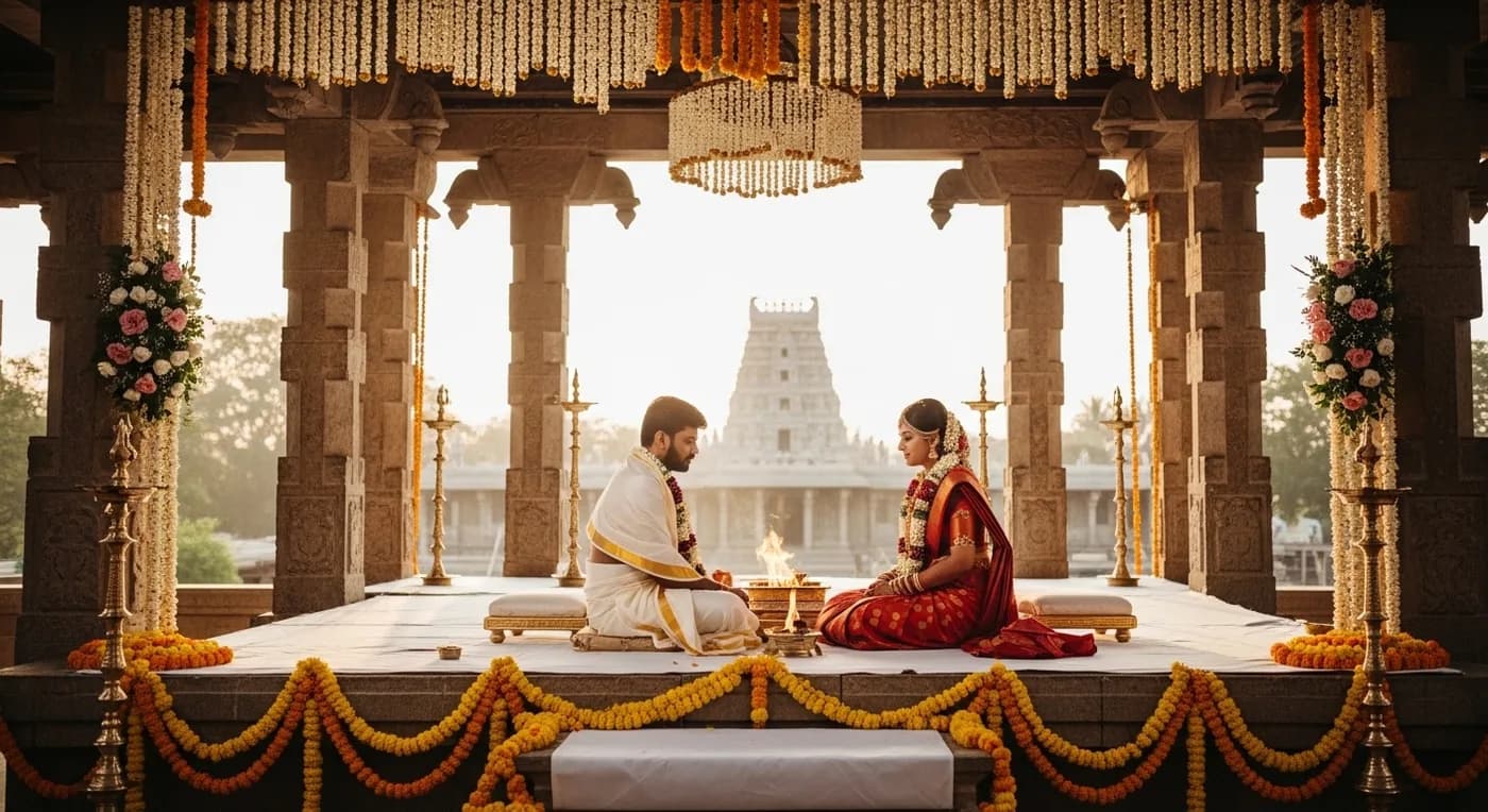 Traditional Tamil wedding ceremony at a decorated kalyana mandapam in Kanchipuram with temple gopuram visible