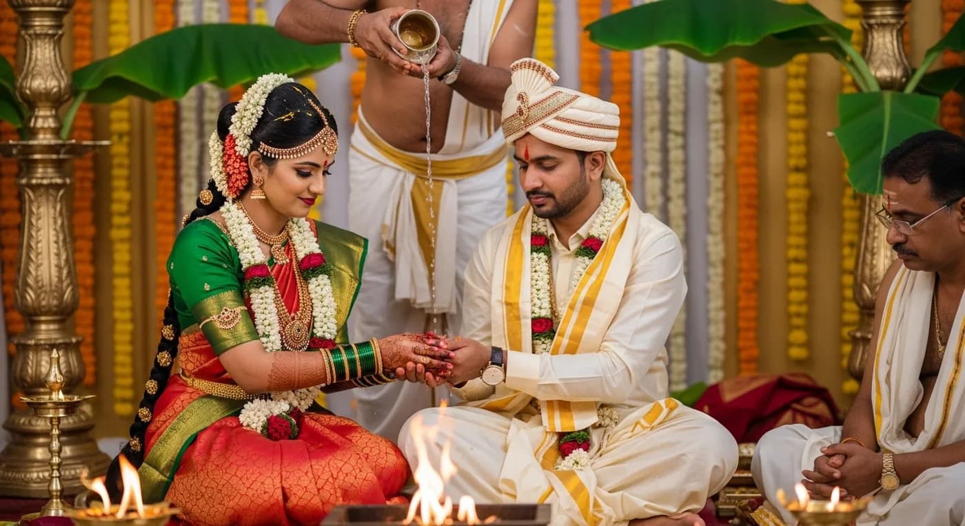 Traditional Kannada wedding ceremony with couple performing Dhare ritual