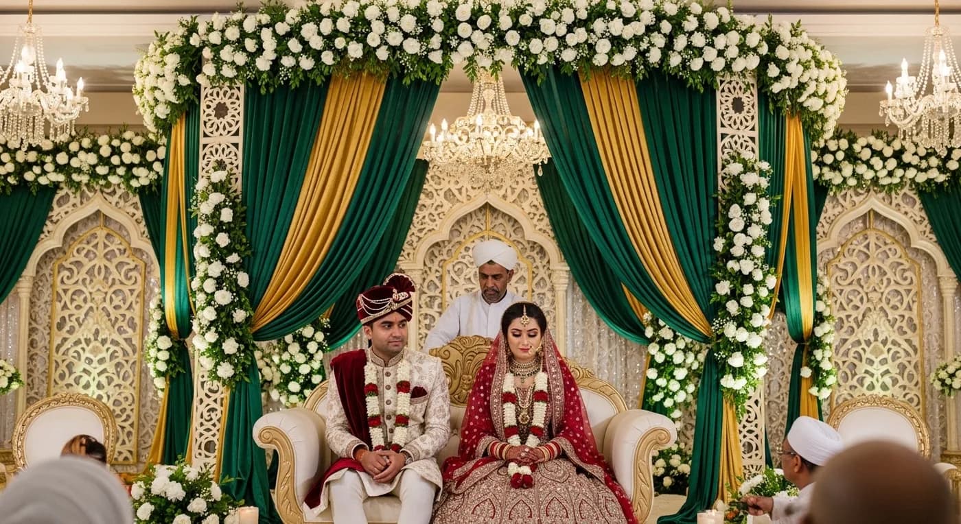 Muslim wedding ceremony in Bangalore with decorated Nikah stage