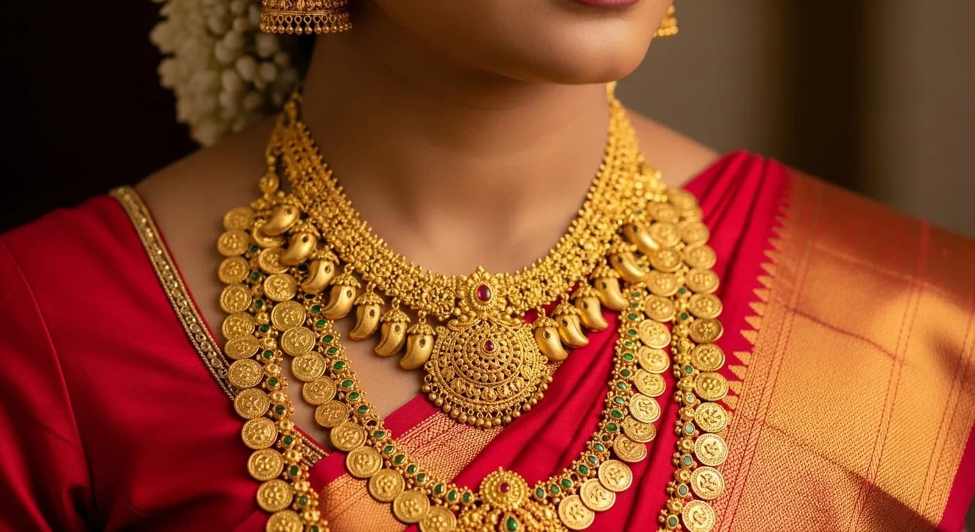 Close-up of traditional Kerala bridal gold necklaces including Manga Mala and Palakka Mala