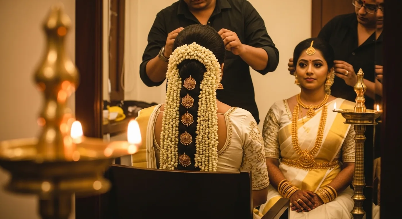Kerala bride getting ready with jasmine garlands and gold jewellery during pre-dawn bridal preparation