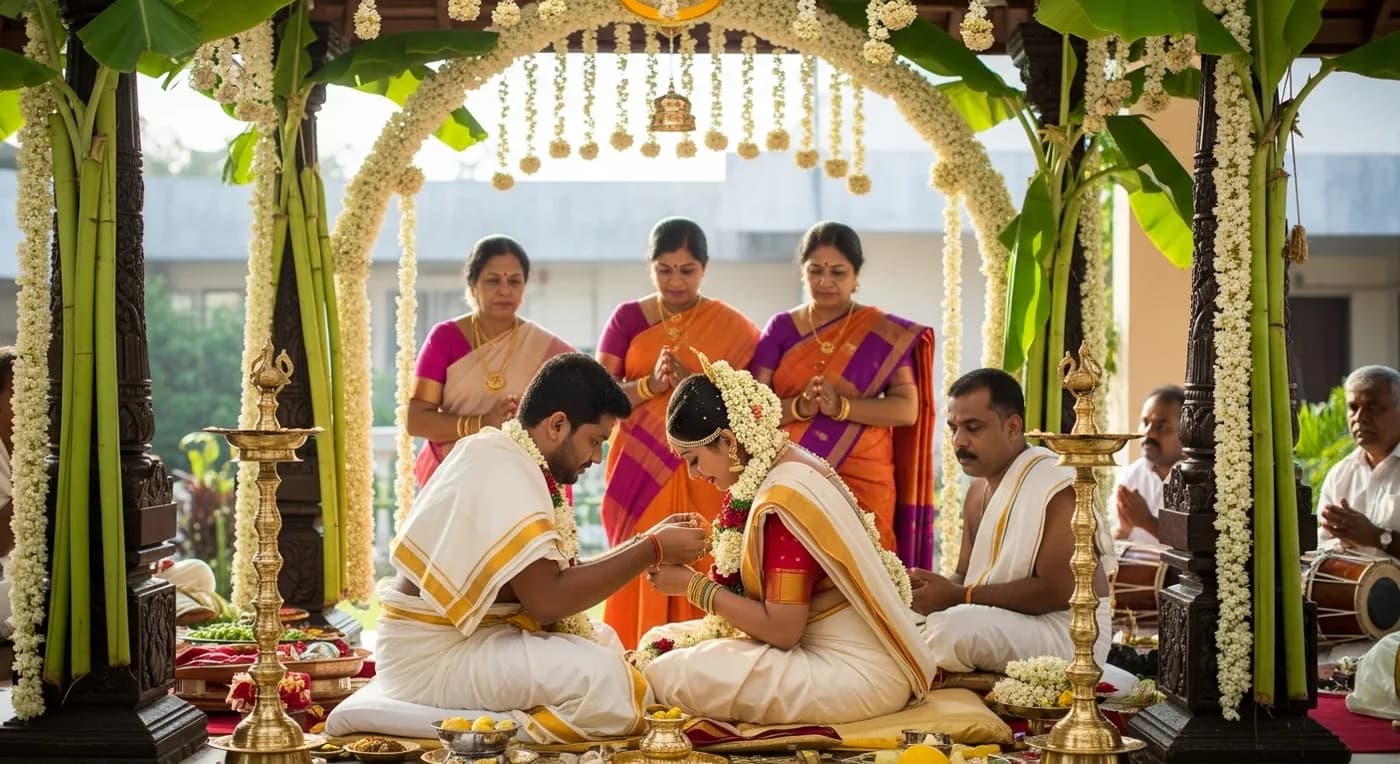 Thalikettu ceremony at a Kerala Hindu wedding with the groom tying the thali on the mandapam