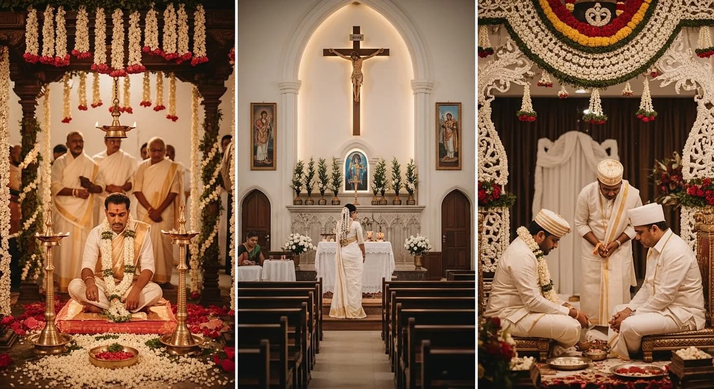 Collage of Kerala Hindu temple wedding, Christian church ceremony, and Muslim nikah celebration