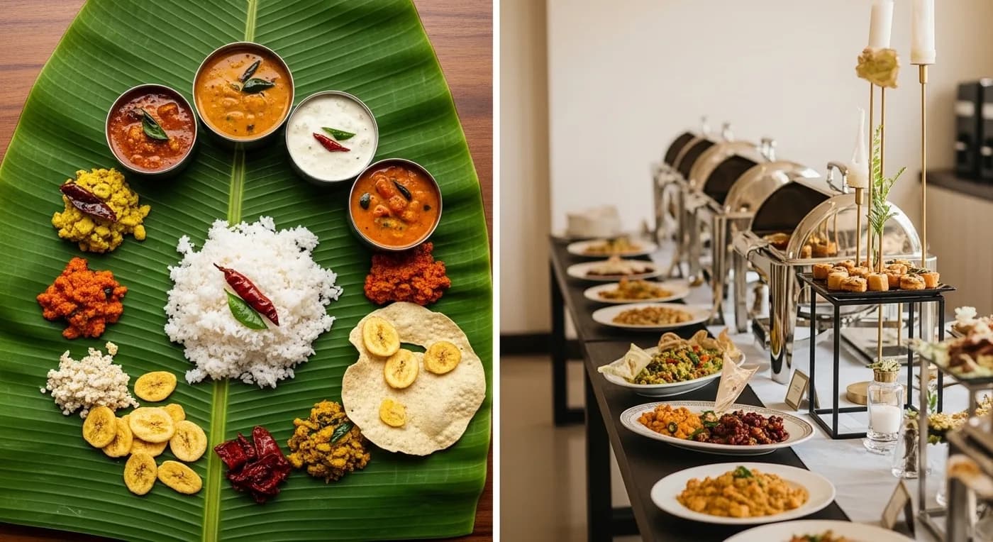 Traditional Kerala sadya on banana leaf alongside a modern wedding buffet spread