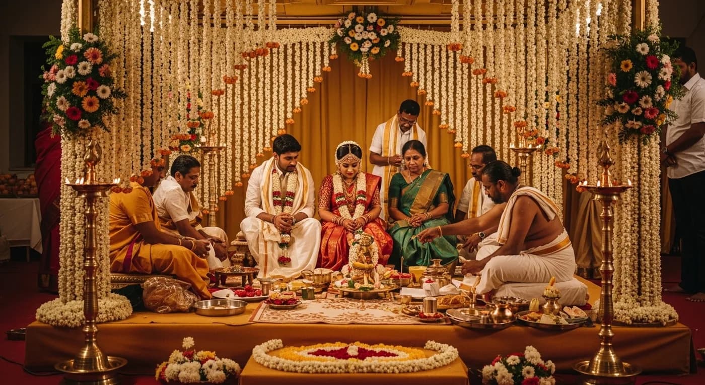A Kerala Hindu wedding ceremony in progress with the bride and groom on the mandapam surrounded by family, brass lamps, and jasmine garlands