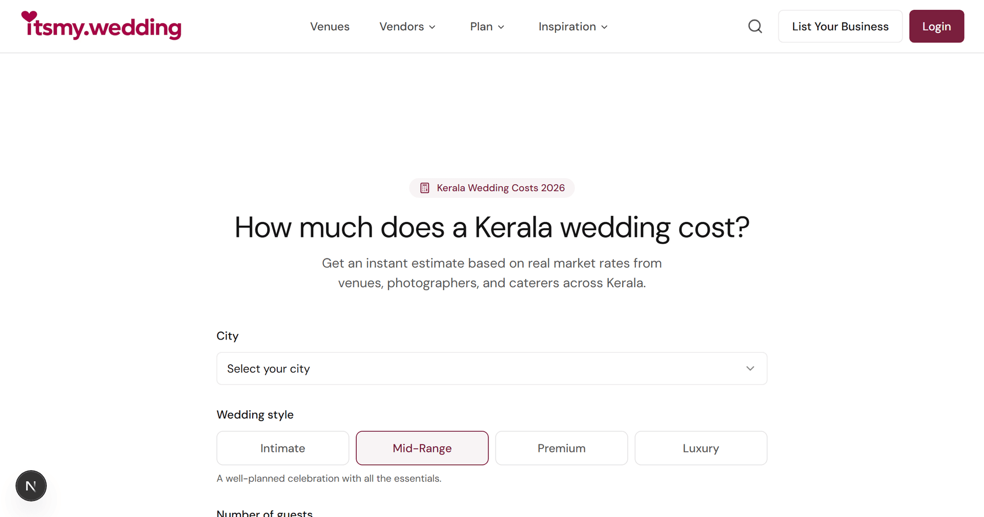 Kerala wedding budget breakdown chart showing category-wise cost allocation