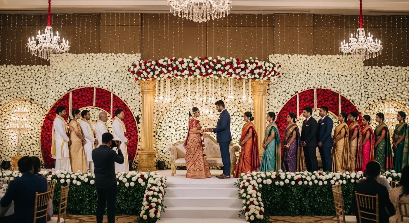 Beautifully lit Kerala wedding evening reception stage with floral decorations and couple greeting guests