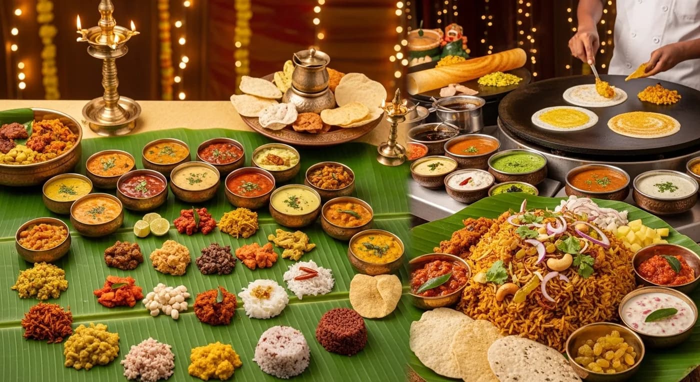 Spread of Kerala wedding food including sadya on banana leaf, biriyani, and live food stations