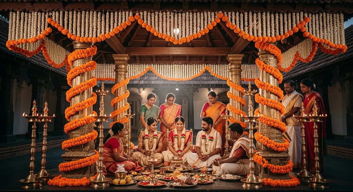 Traditional Kerala wedding ceremony with floral decorations