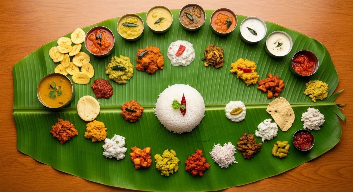Traditional Kerala wedding sadya served on banana leaf with over 24 dishes