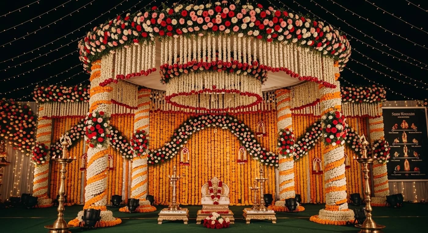 A beautifully decorated Kerala wedding mandapam with floral arrangements and traditional brass lamps, representing a well-planned wedding timeline