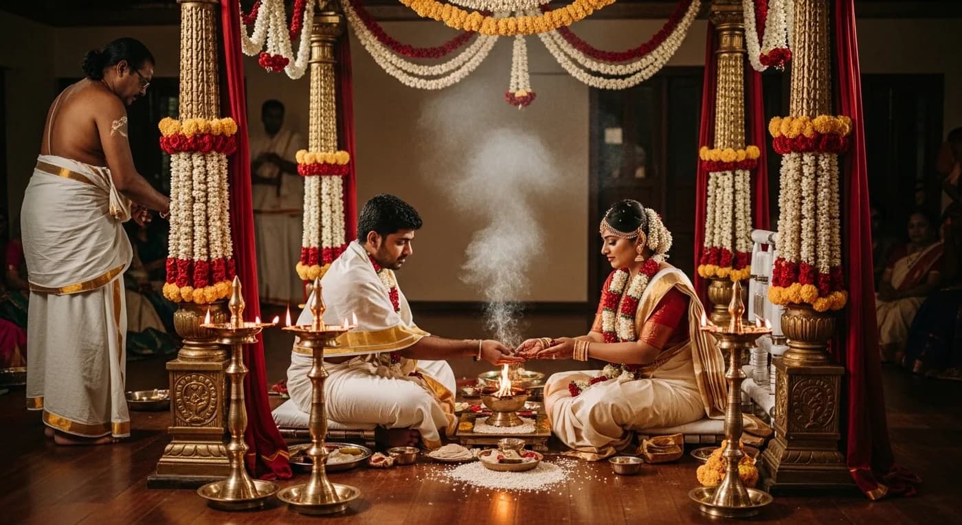 Traditional Kerala wedding ceremony with nilavilakku oil lamps and jasmine garlands