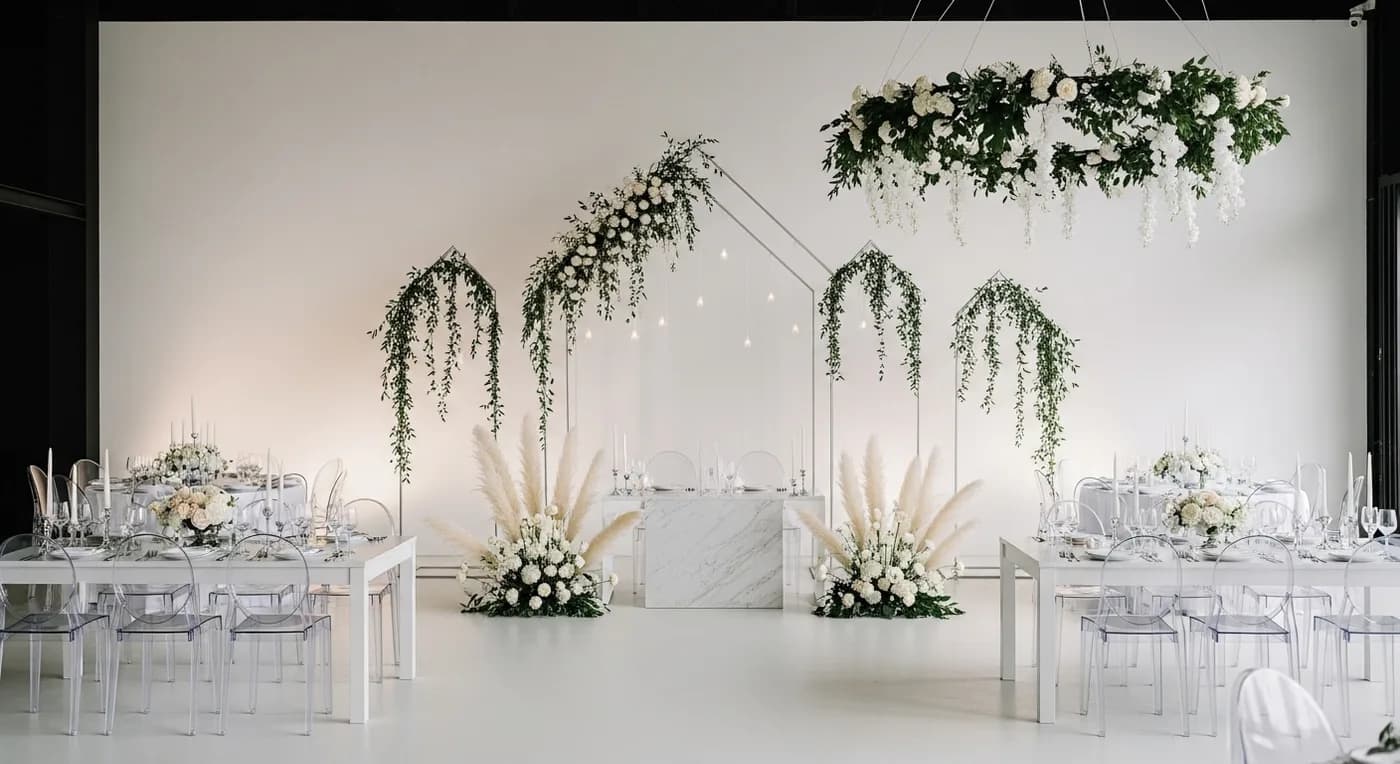 Contemporary wedding decor with minimalist arch and pastel flowers at a Kochi hotel venue