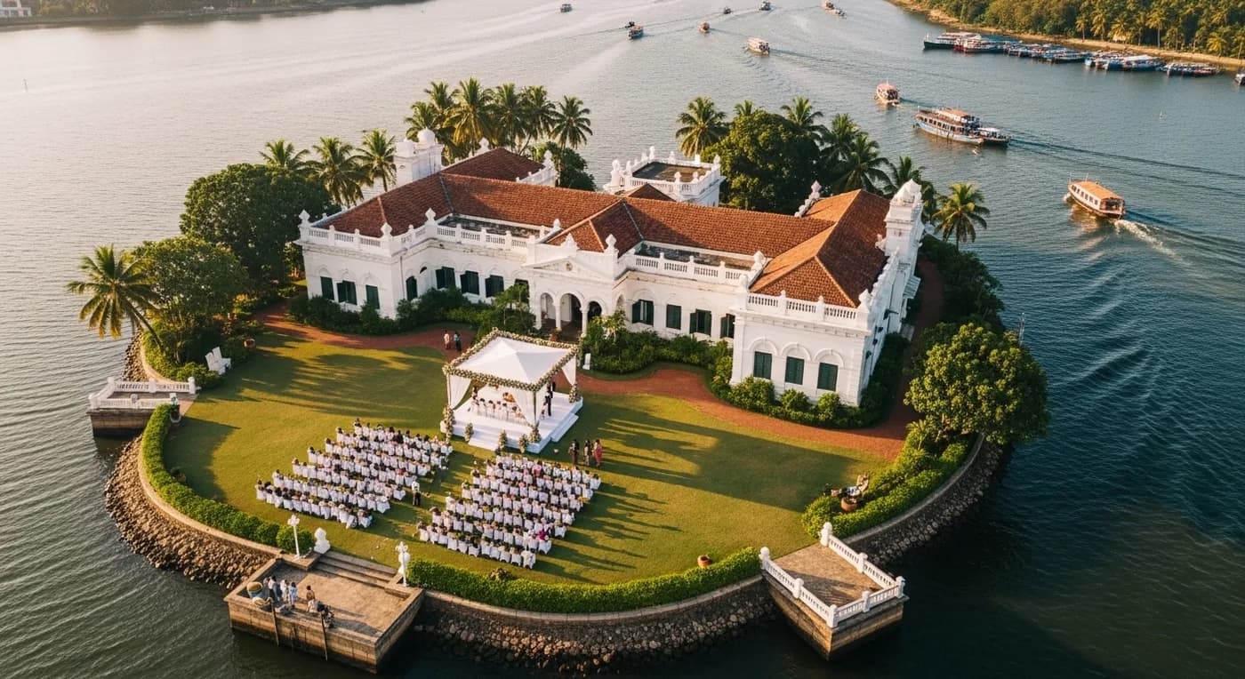 Drone photography capturing aerial view of a wedding venue near Bolgatty Island Kochi