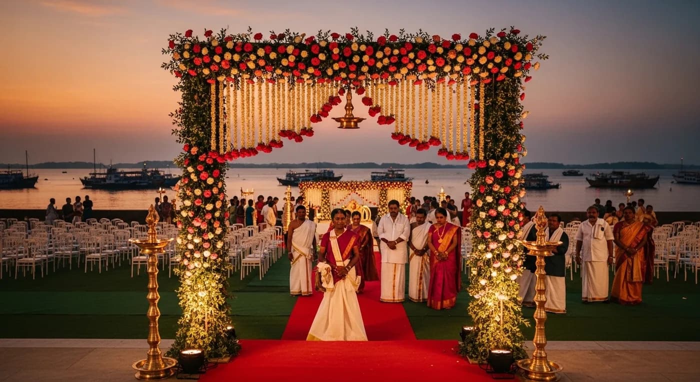Beautifully decorated wedding venue in Kochi with traditional Kerala floral arrangements and waterfront views