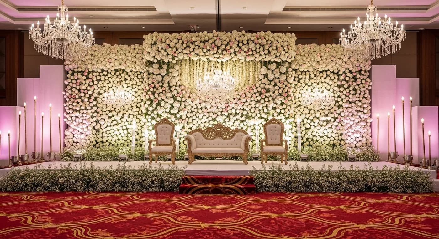 Elegant floral wedding stage decoration with roses and jasmine at a Kochi convention centre